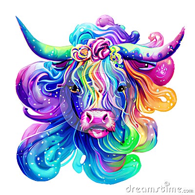 Beautiful bull portrait in watercolor style. Generative AI Stock Photo