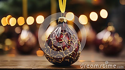 AI Generated. A beautiful burgundy Christmas tree toy with unusual convex gold patterns. Stock Photo