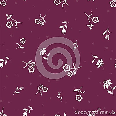 Beautiful burgundy seamless floral pattern, white flowers on dark background, ditsy style, folk flowers, great for spring or Vector Illustration