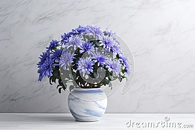 Beautiful bush of blue chrysanthemums in flower pot. Autumn flowers Stock Photo