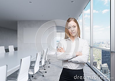 Beautiful business lady with crossed hands in the panoramic meeting room with huge windows and New York City view. Stock Photo