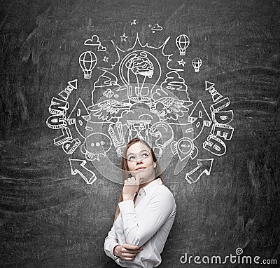 A beautiful business lady is dreaming about an invention of new business ideas for business development. Business plan and idea sk Stock Photo