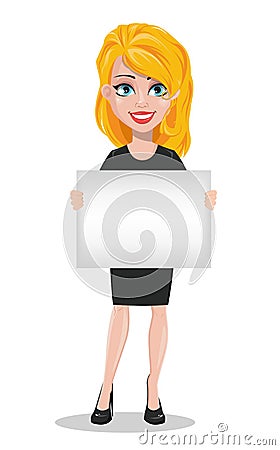 Beautiful business woman holding blank placard. Vector Illustration