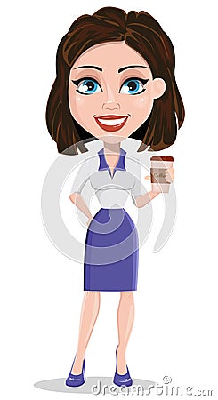 Beautiful business woman holding coffee while coffee break. Businesswoman in formal wear standing straight. Vector Illustration