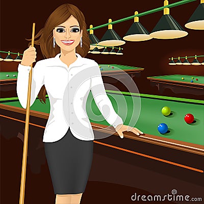 Beautiful business woman holding cue stick Vector Illustration