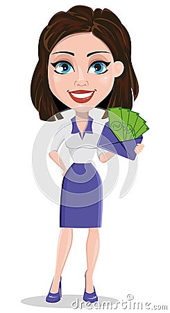 Beautiful business woman holding envelope full of money. Businesswoman in formal wear standing straight. Vector Illustration