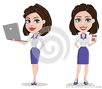 Beautiful business woman holding laptop and having a rest while Vector Illustration