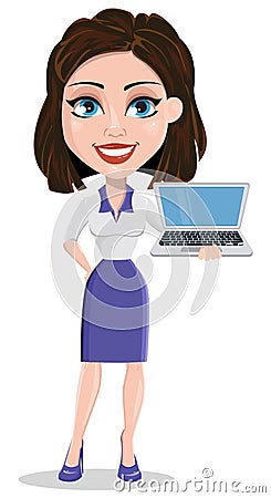 Beautiful business woman holding modern laptop. Businesswoman in Vector Illustration