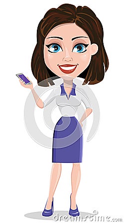 Beautiful business woman holding smartphone. Businesswoman in formal wear standing straight. Vector Illustration