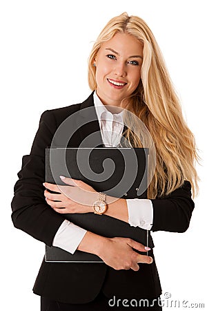 Beautiful business woman holdinh file folder isolated over white Stock Photo