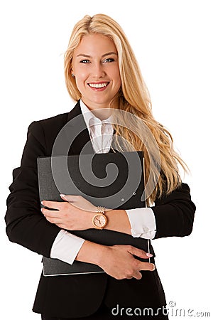 Beautiful business woman holdinh file folder isolated over white Stock Photo