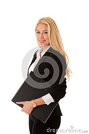 Beautiful business woman holdinh file folder isolated over white Stock Photo