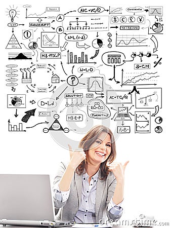 Beautiful businesswoman with conceptual schemes Stock Photo