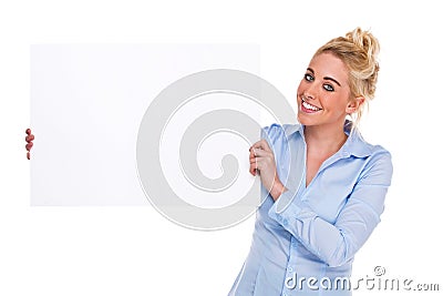 Beautiful Businesswoman Holding Blank Card Stock Photo