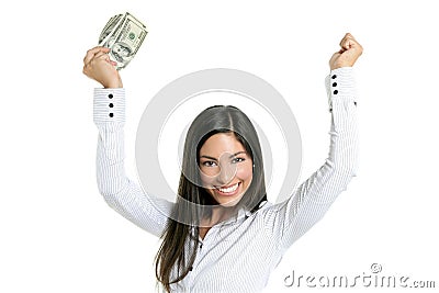 Beautiful businesswoman holding Dollar notes Stock Photo