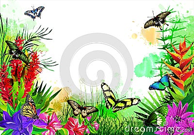 Beautiful butterflies with tropical flowers on colorful drops of paint. Cartoon Illustration