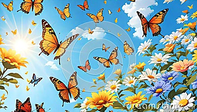 Beautiful wallpaper butterflies flowers wall decoration Cartoon Illustration