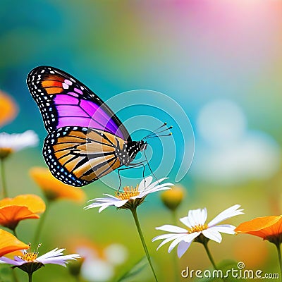 A beautiful butterfly flies over the autumn Autumn landscape with a Cartoon Illustration