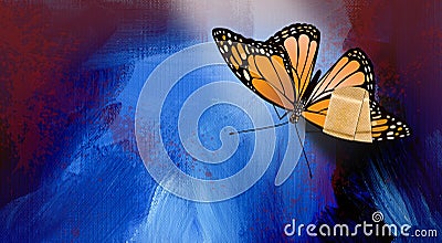 Beautiful butterfly injured with bandaid bandage graphic blue abstract background Stock Photo