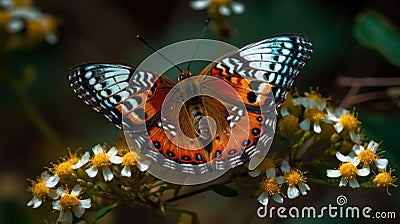 A gorgeous butterfly with intricate patterns and colors flitting among flowers created with Generative AI Stock Photo