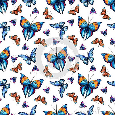 Beautiful butterfly seamless pattern with white background. Tropical, jungle and forest colorful insects in hand drawn Stock Photo