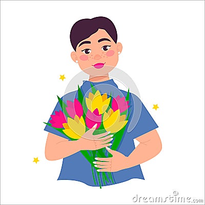 Beautiful buxom woman (girl) holds a bouquet of flowers in her hands. Vector Illustration