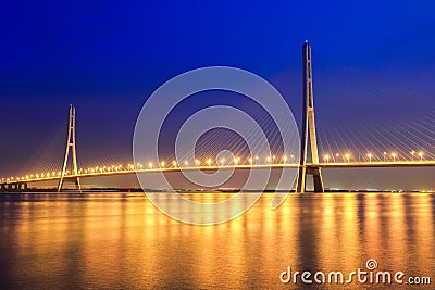 Beautiful cable stayed bridge at night in nanjing Stock Photo