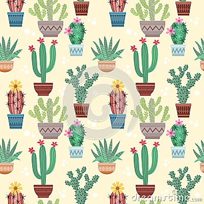 Beautiful cactus in pot on yellow background pattern. Vector Illustration