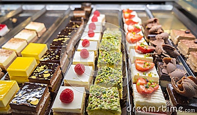 Beautiful cakes sold in the sweets store at the city of Trento Stock Photo