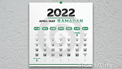 A beautiful calendar page with a schedule of Ramadan fasting days 2022 and Eid al-Fitr date Stock Photo