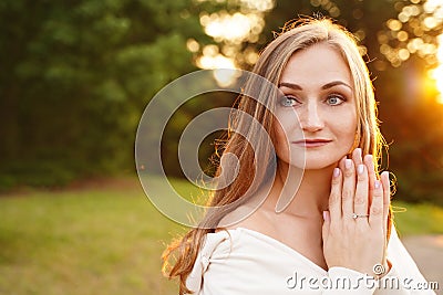 Summer woman portrait in nature. Concept of self-knowledge. Place for your affirmation Stock Photo