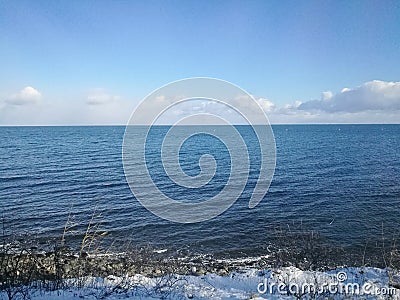 Beautiful calm Japan Russia sea along Otoru rail track in Hokkaido Japan Stock Photo