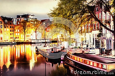 Beautiful calm night view of Amsterdam city. The works in the st Stock Photo