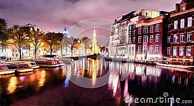 Beautiful calm night view of Amsterdam city. The works in the st Stock Photo