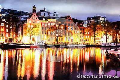 Beautiful calm night view of Amsterdam city. The works in the st Stock Photo