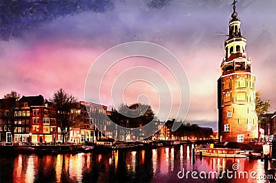 Beautiful calm night view of Amsterdam city. The works in the st Stock Photo