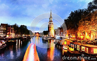 Beautiful calm night view of Amsterdam city. The works in the st Stock Photo