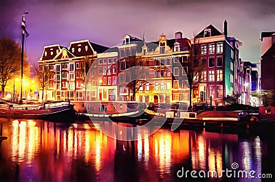 Beautiful calm night view of Amsterdam city. The works in the st Stock Photo