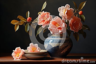 Beautiful camelia flowers in an earthen vase Stock Photo