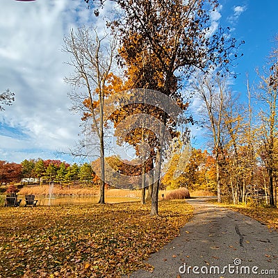 A beautiful camping spot in the fall time. Autumn in Iowa. Stock Photo