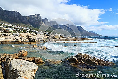 Beautiful Camps Bay Beach and Twelve Apostles Mountain Stock Photo