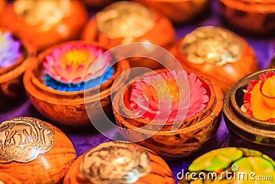 Beautiful Candle Aromatic made to resemble the lotus. Colorful C Stock Photo