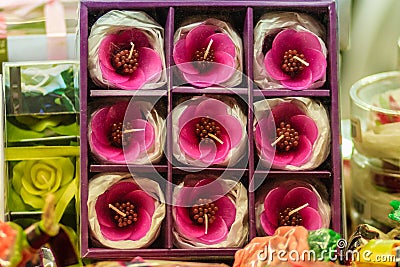 Beautiful Candle Aromatic made to resemble pink flower. Exotic C Stock Photo