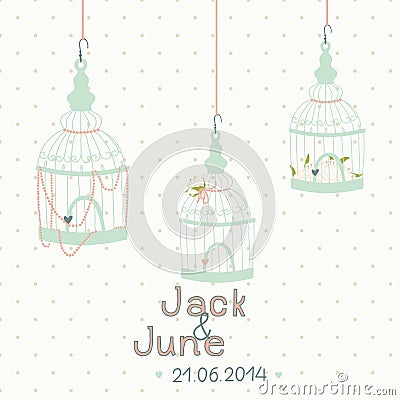 Beautiful card with a bird cage. Wedding design. Vector Illustration