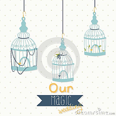 Beautiful card with a bird cage. Wedding design. Vector Illustration