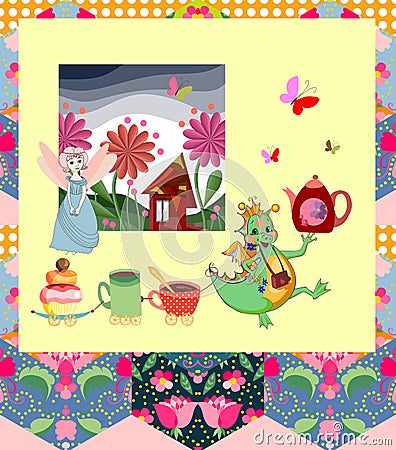 Beautiful card with dragon, princess, fairy house and elements for teatime Vector Illustration