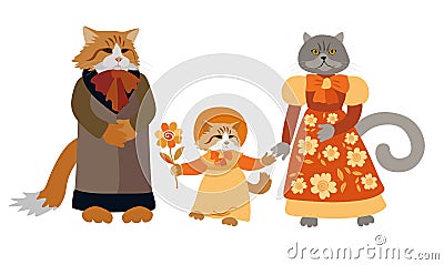 Beautiful card with family cats isolated on white background. Cute cartoon characters. Vector Illustration