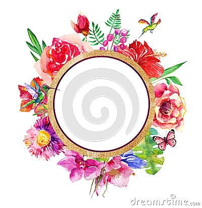 Beautiful card with a round floral wreath of watercolor plants. Stock Photo