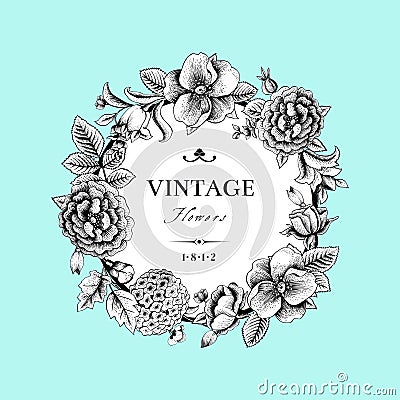 Beautiful card with a round wreath Vector Illustration