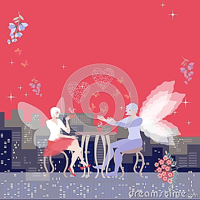 Beautiful card. Space for text. Dreamy date of winged fairies. Beautiful woman drinks tea and man confesses love Vector Illustration